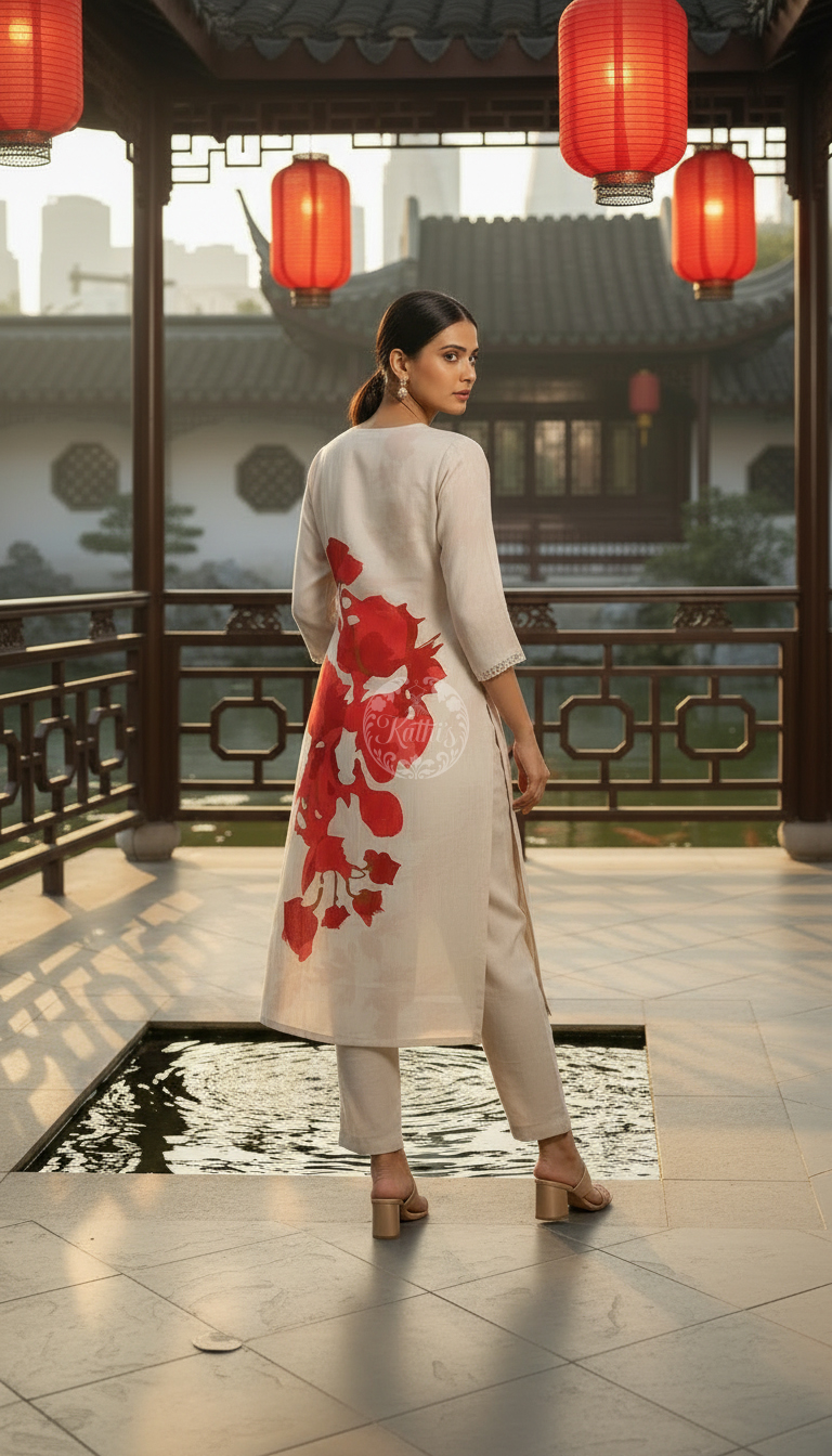 Beige Linen Botanical Print Kurta Set